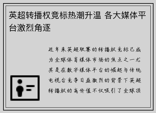 英超转播权竞标热潮升温 各大媒体平台激烈角逐